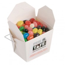 WHITE CARDBOARD NOODLE BOX WITH MINI JELLY BEANS 100G (Mixed Colours or Corporate Colours)