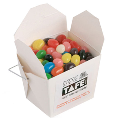 WHITE CARDBOARD NOODLE BOX WITH MINI JELLY BEANS 100G (Mixed Colours or Corporate Colours)