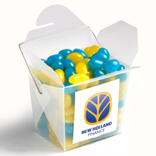 FROSTED PP NOODLE BOX FILLED WITH MINI JELLY BEANS 100G (Mixed Colours or Corporate Colours)