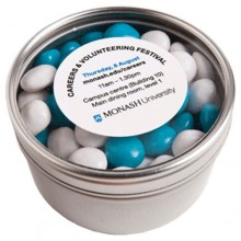 SMALL ROUND ACRYLIC WINDOW TIN FILLLED WITH CHEWY FRUITS (SKITTLE LOOK ALIKE)